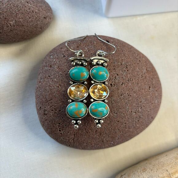 Retro Style Faux Turquoise and Rhinestone Earrings Southwest - Picture 5 of 5